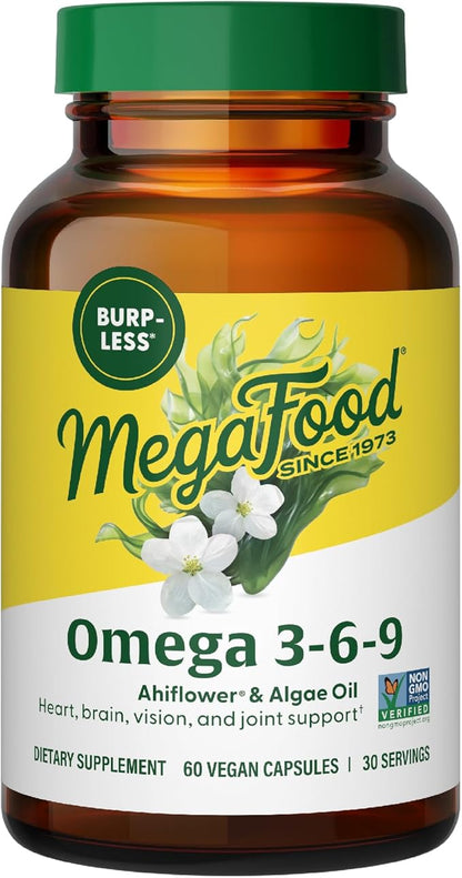 MegaFood Vegan Omega 3 6 9 - Burp-less Omega 3 Supplement - 600 mg Plant-Based Omega-3 & 150 mg DHA Per Serving - Heart, Brain, Vision & Joint Support - Fish Oil Alternative - 60 Capsules, 30 Servings