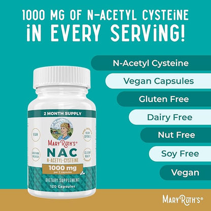 MaryRuth Organics Nutritional Supplement Capsule, N-Acetyl Cysteine, 2 Month Supply, NAC 1000mg Per Serving, Vegan, Non-GMO, Gluten Free, 120 Count