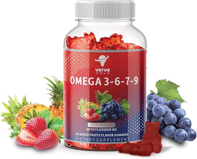 Omega 3 Gummies with Omegas 6, 7, 9, DHA & EPA - Sugar-Free Supplement for Brain, Heart, Eyes & Immune System (Mixed Fruits)