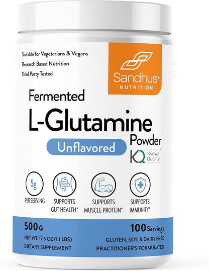 Sandhu's L-Glutamine Powder | 100 Servings, 500 Gram, 17.6 Oz., Large Size, 3 Months Supply| Made in USA | Non-GMO, Amino Acid Supplement for Muscle Support and Gut Health