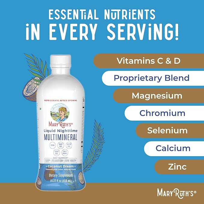 MaryRuth Organics Liquid Nighttime Multimineral Sleep Supplement | Sugar Free | Calm Magnesium Citrate | NO Melatonin | Calcium Magnesium Zinc | Available in 4 Flavors | Gluten Free | 15 Servings