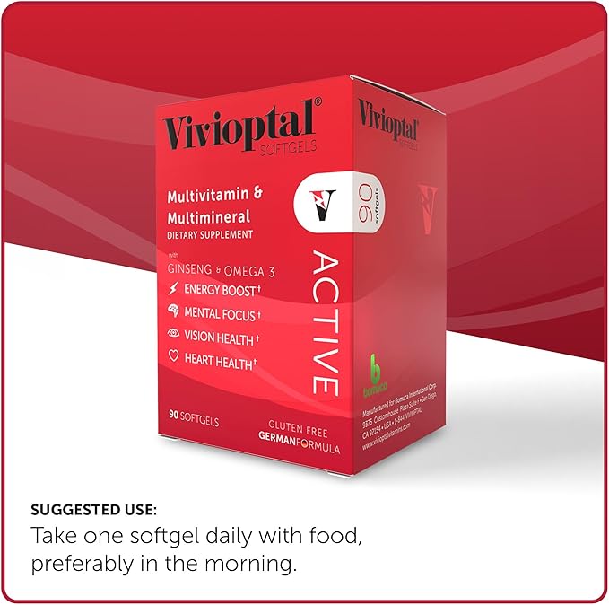 Vivioptal Active, 90 Softgels, Ginseng & Omega 3, Multivitamin & Multimineral, Gluten Free, German Formula