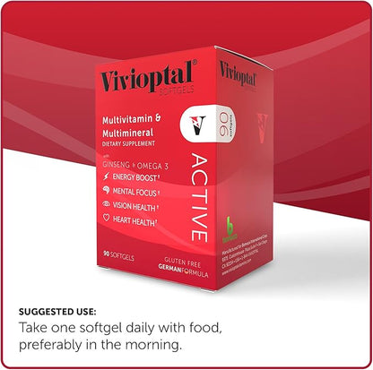 Vivioptal Active, 90 Softgels, Ginseng & Omega 3, Multivitamin & Multimineral, Gluten Free, German Formula