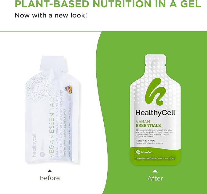 Healthycell Vegan Essentials - Liquid Multivitamin Supplement for Brain, Heart, Immunity, Energy, Skin and Hair Support - Vegan Multivitamin for Women & Men - Maximum Absorption - 30 Gel Packs