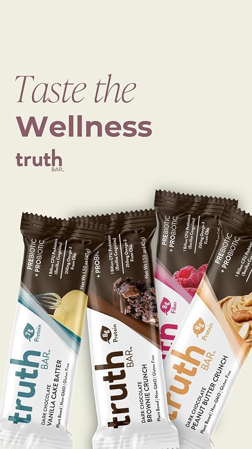 Truth Bar Prebiotic & Probiotic Keto Snack Vegan Bars with Omega-3's - Synbiotic High Fiber Snacks - Low Sugar, Kosher, Gluten Free - Dark Chocolate Brownie Crunch (Pack of 12)