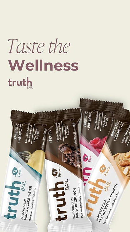 Truth Bar Prebiotic & Probiotic Keto Snack Vegan Bars with Omega-3's - Synbiotic High Fiber Snacks - Low Sugar, Kosher, Gluten Free - Dark Chocolate Brownie Crunch (Pack of 12)