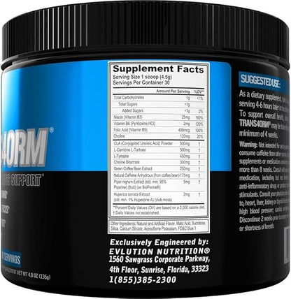 Evlution Thermogenic Fat Burning Support Powder Nutrition Trans4orm Fast Acting Energy Powder to Support Fast Metabolism Weight Loss and Mental Focus with CLA Carnitine and Alpha GPC - Blue Raz