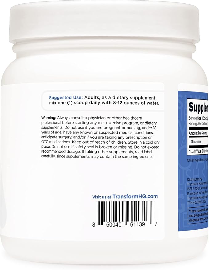 TransformHQ L-Glutamine Powder, 500G, 100 Servings - Gluten Free, Non-GMO