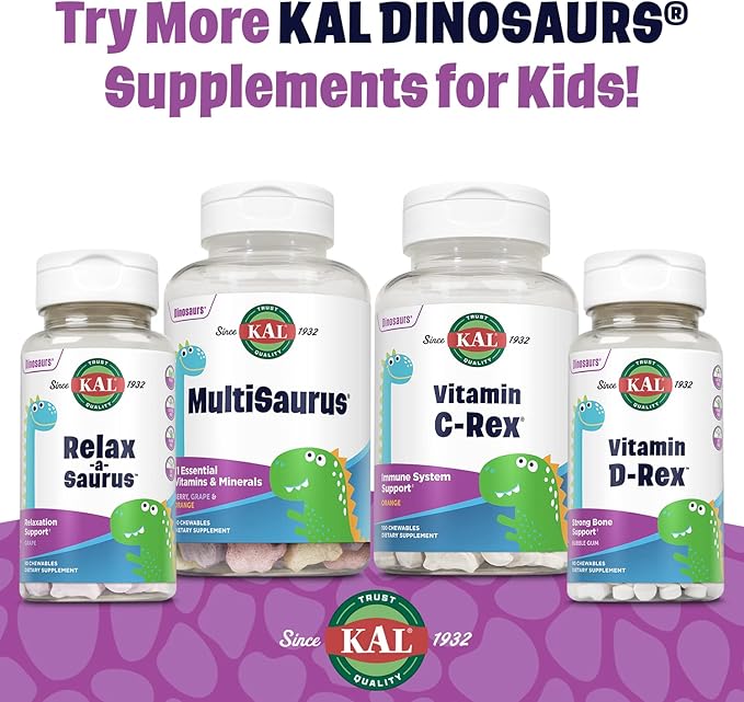 KAL MultiSaurus Kids Chewable Multivitamins, 11 Essential Vitamins and Minerals for Kids, Berry, Grape, Orange Chewables, Gluten and Fructose Free, 180 Servings, 180 Dinosaur-Shaped Chewables