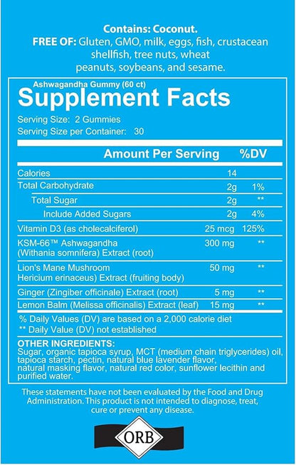 Ashwagandha Gummies Mixed Berry KSM-66, Lion's Mane, Vitamin-D, Non-GMO, Gluten-Free, Gelatin Free & Kosher | for Daily Focus Boost (180 Count (Pack of 3))