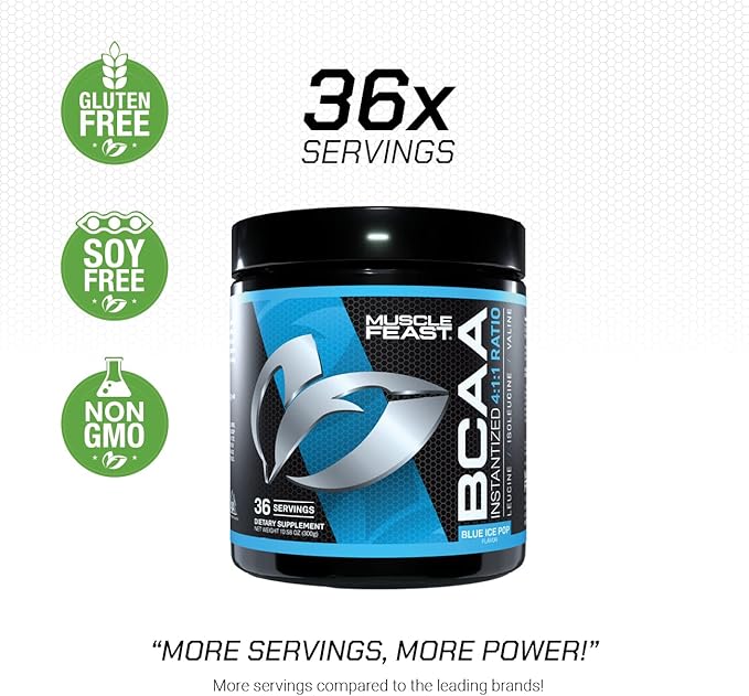 Muscle Feast Vegan BCAA Powder 4:1:1 Ratio Keto Friendly Sugar Free Post Workout Recovery, Blue Ice Pop, 300g