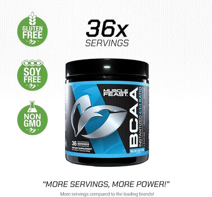 Muscle Feast Vegan BCAA Powder 4:1:1 Ratio Keto Friendly Sugar Free Post Workout Recovery, Blue Ice Pop, 300g