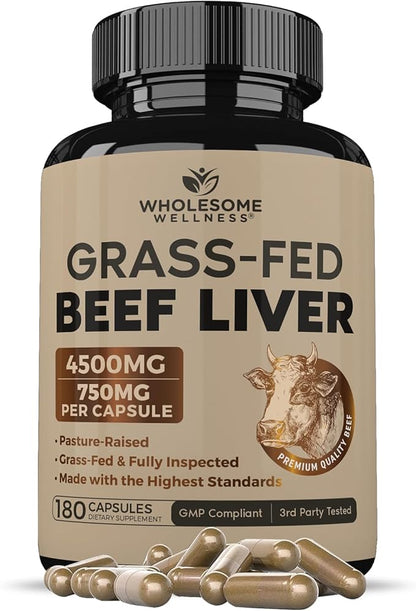 Grass Fed Desiccated Beef Liver Capsules (180 Pills, 750mg Each) - Natural Iron, Vitamin A, B12 for Energy - Humanely Pasture Raised Undefatted in New Zealand Without Hormones or Chemicals