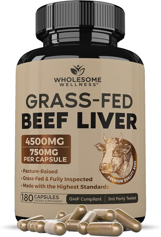 Grass Fed Desiccated Beef Liver Capsules (180 Pills, 750mg Each) - Natural Iron, Vitamin A, B12 for Energy - Humanely Pasture Raised Undefatted in New Zealand Without Hormones or Chemicals