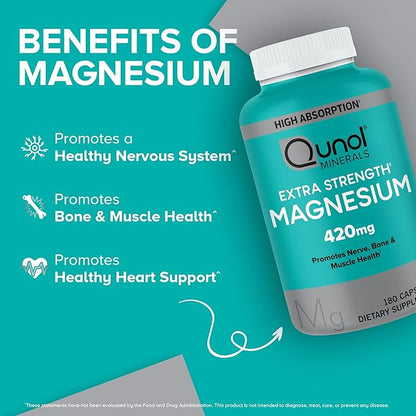 Qunol Magnesium Capsules 420mg, 100% DV, High Absorption Magnesium Supplement, Extra Strength, Bone and Muscle Health Supplement, 180 Count