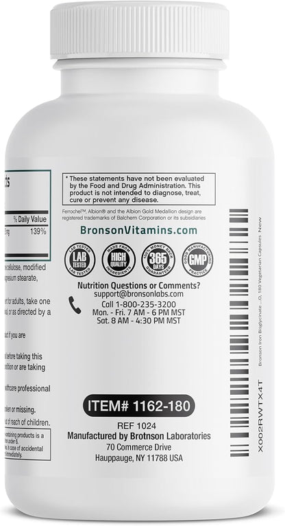 Bronson Iron Bisglycinate 25 mg Gentle on The Stomach, Supports Energy & Healthy Red Blood Cell Production - Non-Constipating Formula - Non GMO, 180 Vegetarian Capsules