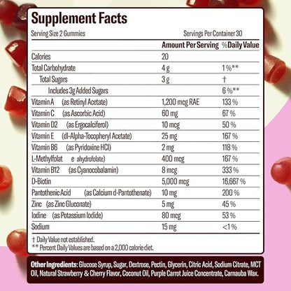 Skin Retinol and Biotin Gummies for Clear, Smooth Skin, Healthy Hair & Nails | Supplement with Zinc, Vitamins A, E and C | Non-GMO, Gluten-Free, Cherry Flavor, 60 Count