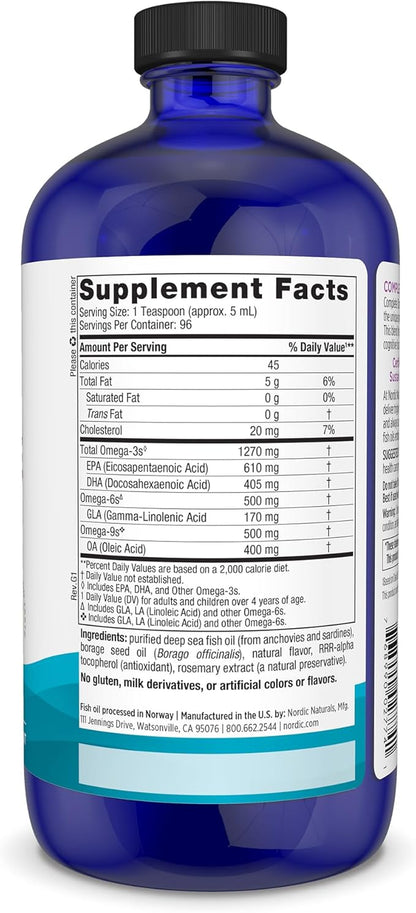 Nordic Naturals Complete Omega, Lemon Flavor - 16 oz - 1270 mg Omega-3 - EPA & DHA with Added GLA - Healthy Skin & Joints, Cognition, Positive Mood - Non-GMO - 96 Servings