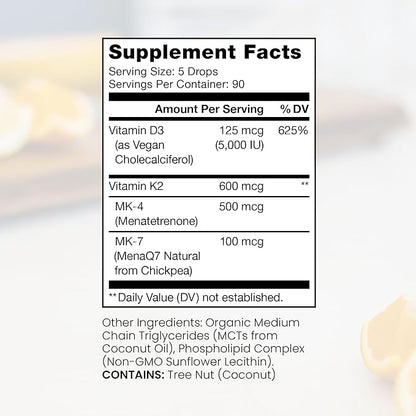 Pure Therapro Rx Vegan Vitamin D3 + K2 Liposomal Supplement | 90 Servings | Maximum Absorption Liquid Vitamins D3 5000 IU and K2-10 for Men and Women - 10 mL