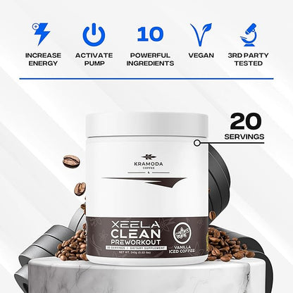 XEELA Pre Workout - Clean & Tested - Jitter Free, Safe, and Natural - Increase Thermogenic Energy, Focus, and Endurance w/Creatine, Organic Caffeine, and Plant Based Citrulline (Vanilla Iced Coffee)