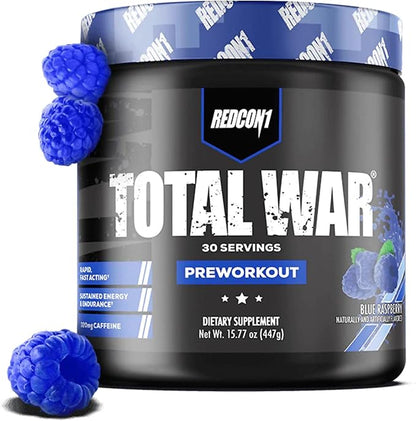 REDCON1 Total War Pre Workout Powder, Blue Raspberry - Beta Alanine + Citrulline Malate Keto Friendly Preworkout for Men & Women with 320mg of Caffeine - Fast Acting (30 Servings)