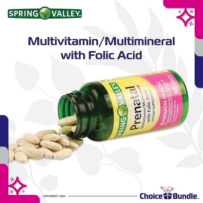 Spring Valley Prenatal Multivitamin Multimineral for Pregnant & Nursing Women Dietary Supplement Tablets 100 Ct 4 pk Choice Bundle (400 Total) + Vitamin Guide & Pill Container (6 Items)!