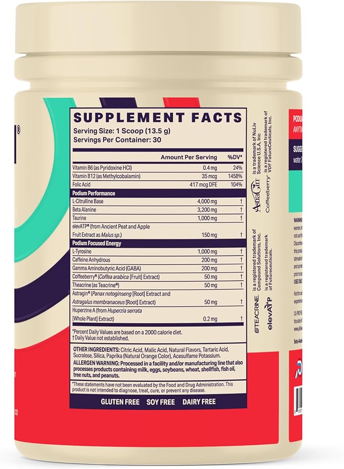 Podium Nutrition, Fuse Pre Workout Powder, Peach Mango, 30 Servings, Beta Alanine and Caffeine for Energy, Gluten Free, Soy Free, Dairy Free