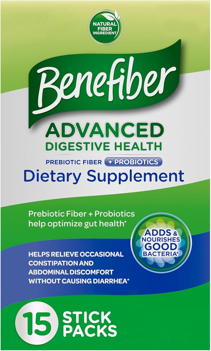 Benefiber Advanced Digestive Health Prebiotic Fiber Supplement Powder with Probiotics for Digestive Health, Low FODMAP – 15 Sticks (3.0 Ounces)