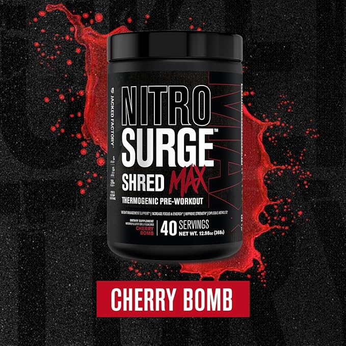 Jacked Factory Nitrosurge Shred Max Preworkout - High-Performance Thermogenic Pre Workout Powder for Men and Women with L Citrulline, Acetyl L Carnitine, Organic Caffeine - 40 Servings, Cherry Bomb