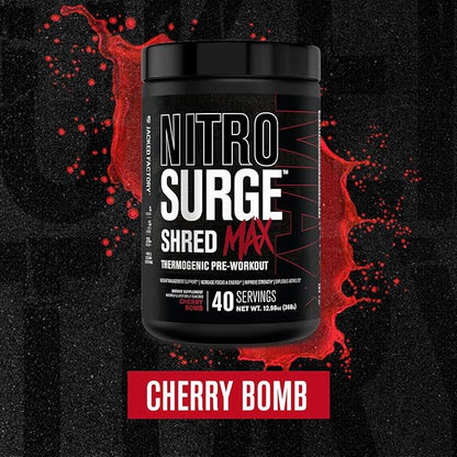 Jacked Factory Nitrosurge Shred Max Preworkout - High-Performance Thermogenic Pre Workout Powder for Men and Women with L Citrulline, Acetyl L Carnitine, Organic Caffeine - 40 Servings, Cherry Bomb