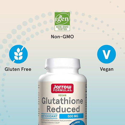 Jarrow Formulas Glutathione Reduced 500 mg- 120 Veggie Capsules- Intracellular Antioxidant- Quality Glutathione Supplements- Supports Recycling of Vitamins C & E- Non-GMO- Gluten Free- Vegan, 12 Packs