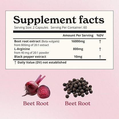 Beet Root Powder Capsules (120 Capsules)| Nitric Oxide Booster with L- Arginine|100% Natural Beetroot Supplement| Enhances Muscle Recovery & Boosts Stamina| 16000mg 20:1 Extract