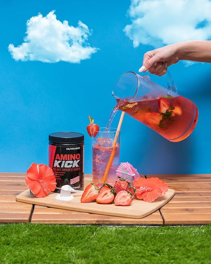 NutraBio Amino Kick - Amino Acid Energy Formula - BCAA's, Electrolytes for Hydration, Natural Caffeine- 30 Servings(Hibiscus Strawberry Buzz)