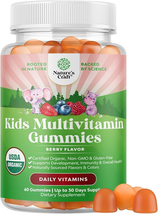 USDA Organic Kids Multivitamin Gummies - Vegan Organic Multivitamin for Kids 2+ with 14 Essential Vitamins and Minerals - Daily Kids Gummy Multivitamins - Vegan Nut Free & Non-GMO (60 Count)