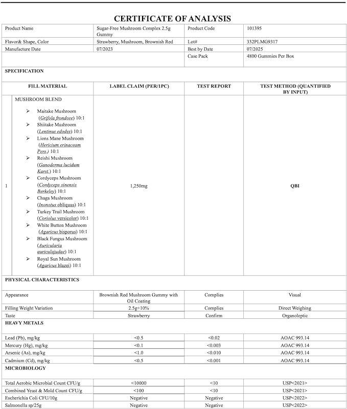 Sugar-Free Mushroom Complex Gummies - Potent 10x Mushroom Supplement with Lions Mane, Chaga, Reishi, Cordyceps (2500mg) Natural Stress Support Calm Gummies, Nootropic Focus Gummies, No Sugar or Pills