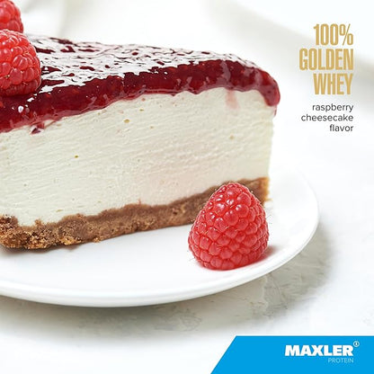 Maxler 100% Golden Whey Protein - 24g of Protein per Serving - Premium Whey Protein Powder for Pre Post Workout - Fast-Absorbing Whey Concentrate Isolate Hydrolysate Blend - Raspberry Cheesecake 2 lb