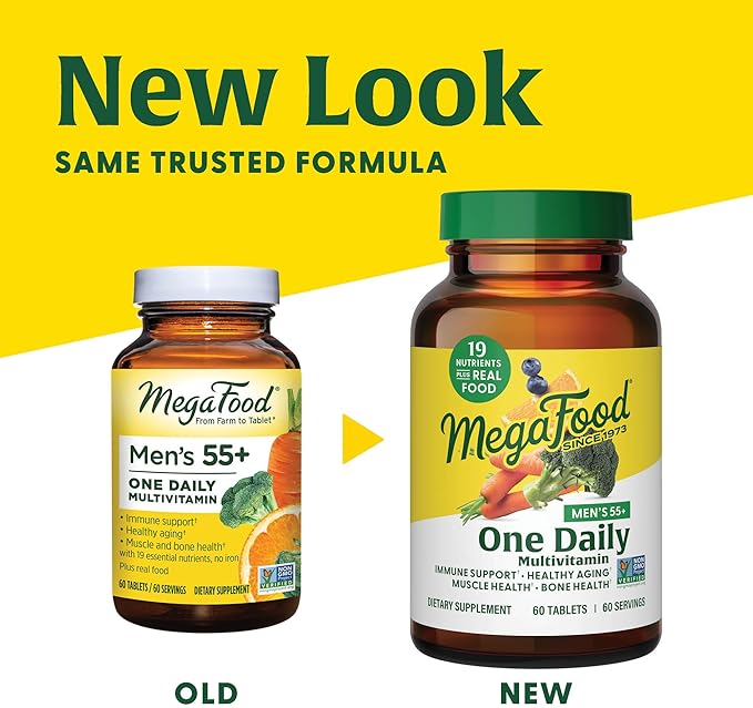 MegaFood Men's 55+ One Daily - Multivitamin for Men with Vitamin B12, Vitamin C, Vitamin D & Zinc - Optimal Aging & Immune Support Supplement - Vegetarian - Made Without 9 Food Allergens - 120 Tabs