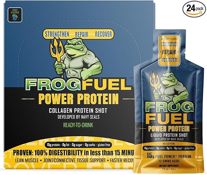 Frog Fuel Power Regular Protein Shot, 15g Protein Nano-Hydrolyzed Grass Fed Collagen, Post Workout, Gluten Free, Fat & Sugar Free, 22 Amino Acids, 0 Carbs, Berry, 1 oz Packets, 24 Pack