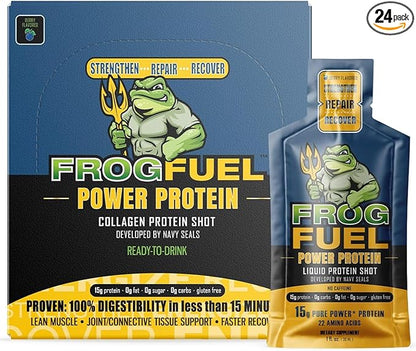 Frog Fuel Power Regular Protein Shot, 15g Protein Nano-Hydrolyzed Grass Fed Collagen, Post Workout, Gluten Free, Fat & Sugar Free, 22 Amino Acids, 0 Carbs, Berry, 1 oz Packets, 24 Pack