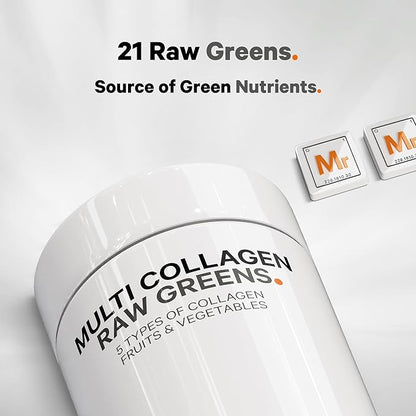 Codeage Multi Collagen Protein + Organic Raw Greens Superfood Capsules Supplement, 21 Fruits & Veggies, Grass-Fed Hydrolyzed Collagen Peptides, 5 Types All-in-One, 180 Count