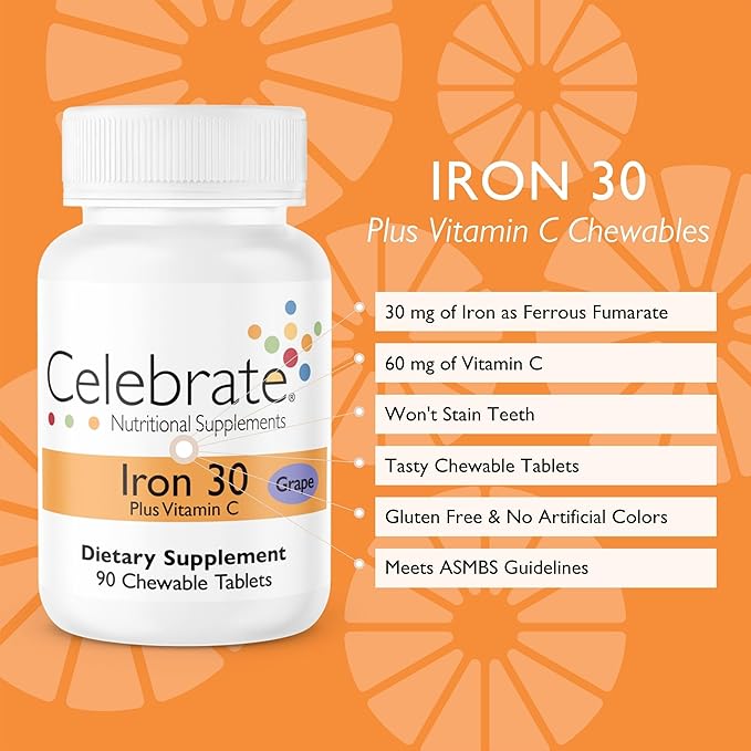 Celebrate Vitamins Iron Supplement with Vitamin C - 30mg Iron, 60mg Vitamin C, Bariatric Vitamins for WLS Patients, Vertical Sleeve & Gastric Bypass Surgery – Grape, 90 Chewable Tablets
