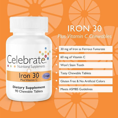 Celebrate Vitamins Iron Supplement with Vitamin C - 30mg Iron, 60mg Vitamin C, Bariatric Vitamins for WLS Patients, Vertical Sleeve & Gastric Bypass Surgery – Grape, 90 Chewable Tablets