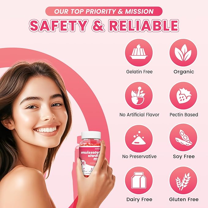 Potassium Gummies for Adults & Women, 1500mg Potassium Citrate Supplement, Support Leg Cramps, Muscle Health & Electrolyte Balance, Sugar Free, Organic, Vegan, Strawberry, 60 Cts