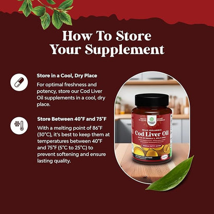 Icelandic Cod Liver Oil Softgels - Wild Caught EPA DHA Omega 3 Fish Oil 1000mg per serving - Sustainably Sourced Burpless Fish Oil Supplement with Vitamin D3 & A for Heart Joint Brain & Immune Support