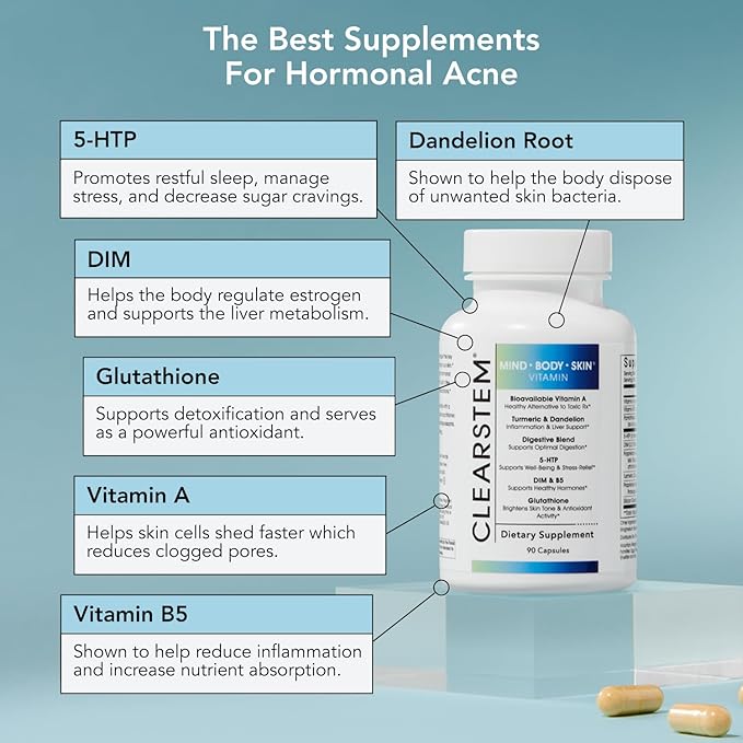 CLEARSTEM - MINDBODYSKIN Hormonal Acne Supplement (5-HTP) - Natural DIM Supplement - Skin Care Vitamins - Hormone Balance, Antioxidants - Vegan, Gluten Free, Cruelty Free - 30 Servings, 90 Capsules