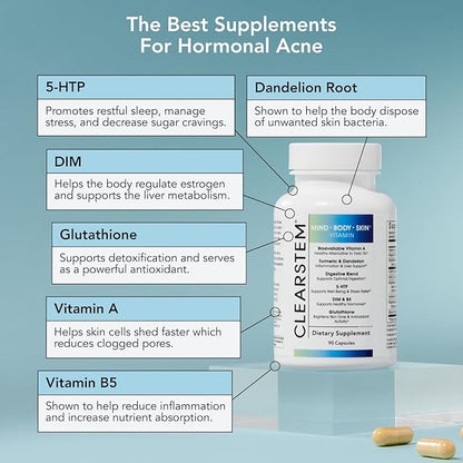 CLEARSTEM - MINDBODYSKIN Hormonal Acne Supplement (5-HTP) - Natural DIM Supplement - Skin Care Vitamins - Hormone Balance, Antioxidants - Vegan, Gluten Free, Cruelty Free - 30 Servings, 90 Capsules