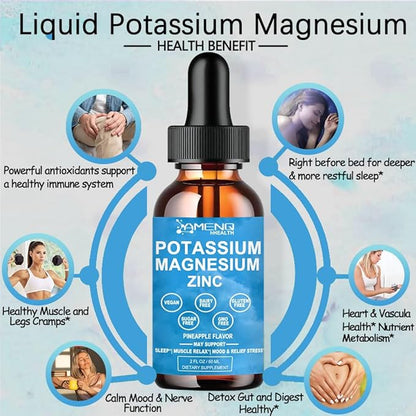 2 Packs Potassium Magnesium Supplement Liquid w/ 500mg Triple Complex Magnesium & Potassium 99mg Plus Bromelain, Ashwagandha,D3 B6 & Zinc for Leg Cramps& Muscle Health, Cortisol Balanced & Zzz