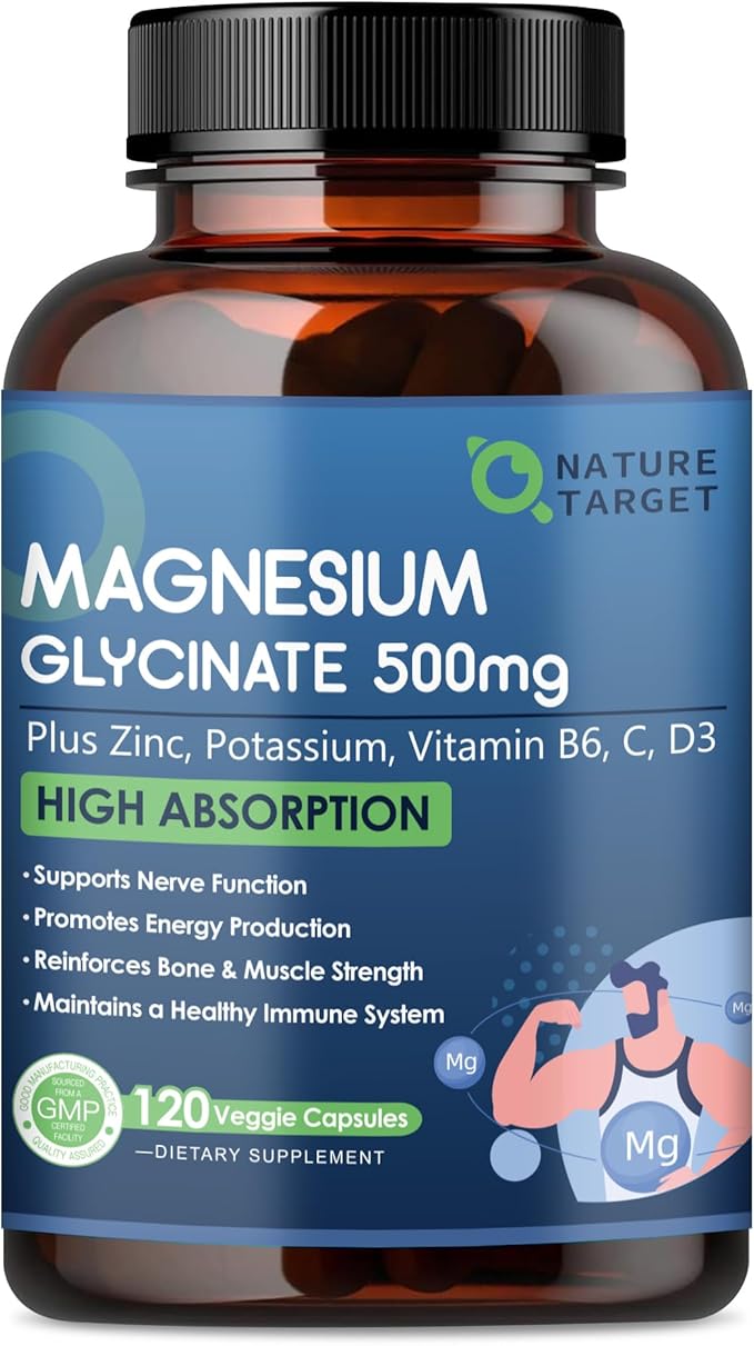 Magnesium Glycinate 500mg, Chelated Magnesium with Zinc & Vitamin D3 for Muscle, Nerve and Bone, Support Heart Health & Leg Cramp, Strength Immune System - 120 Capsules