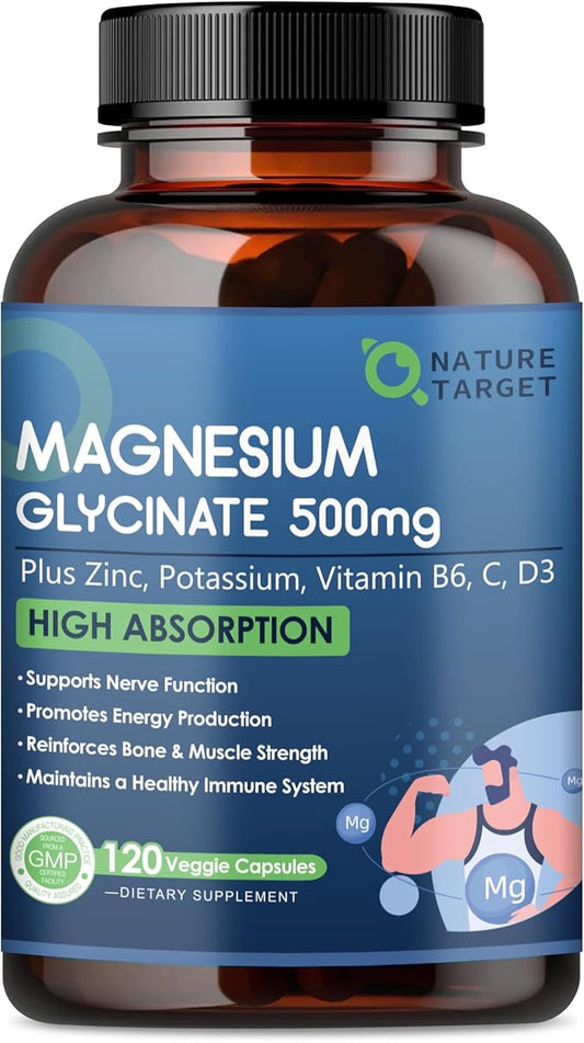 Magnesium Glycinate 500mg, Chelated Magnesium with Zinc & Vitamin D3 for Muscle, Nerve and Bone, Support Heart Health & Leg Cramp, Strength Immune System - 120 Capsules