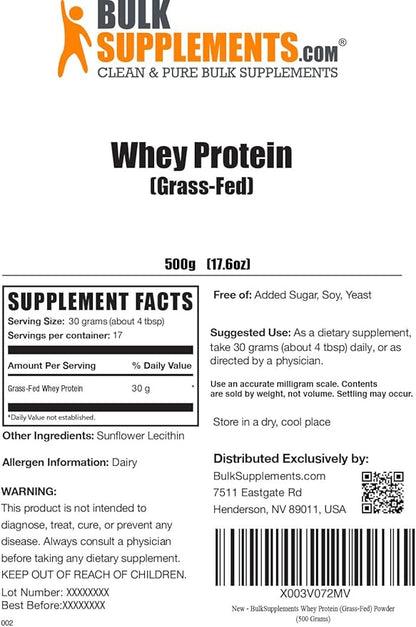 BulkSupplements.com Grass Fed Whey Protein Powder - Unflavored Whey Protein Powder, Grass Feed Whey Protein Concentrate - Gluten Free, 30g per Serving, 500g (1.1 lbs) (Pack of 1)